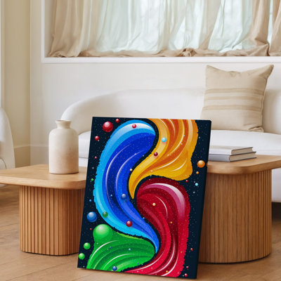 La toile crée un design abstrait vibrant avec des formes fluides tourbillonnantes dans un art mural