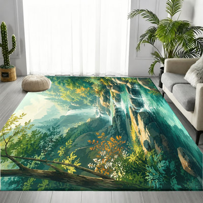Lush Forest Waterfall Nature Landscape Area Rug, Vibrant Green Blue Tone Pattern, Machine Washable Soft Non-Slip Floor Carpet, Aesthetic Indoor Home Accent for Living Room, Bedroom, Hallway, Apartment