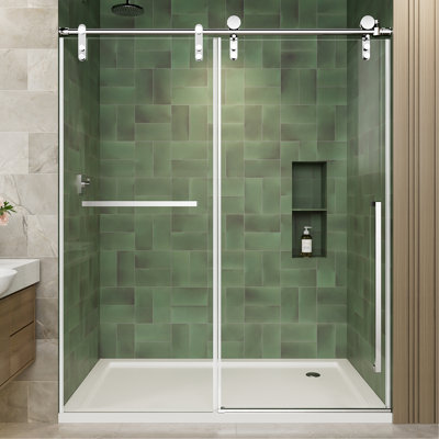 56"-60" W X 75" H Frameless Sliding Shower Door, Chrome Shower Screen, 5/16" (8Mm) Clear Tempered Glass With Explosion-Proof Film