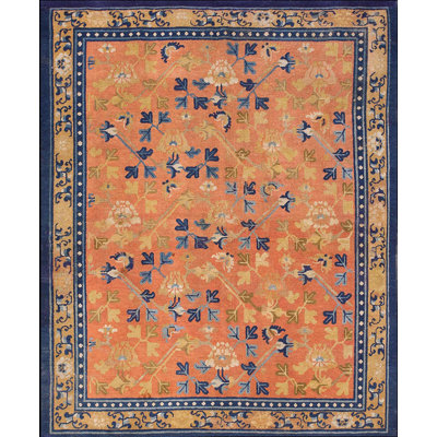 Square Geometric Antique Coral Color Late 18th Century Chinese Ningxia Rug