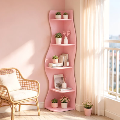 Bibliothèque d'angle à 5 niveaux en forme de S, présentoir incurvé moderne autoportant, organisateur de rangement pour plante à faible encombrement pour salon, chambre à coucher et bureau personnel
