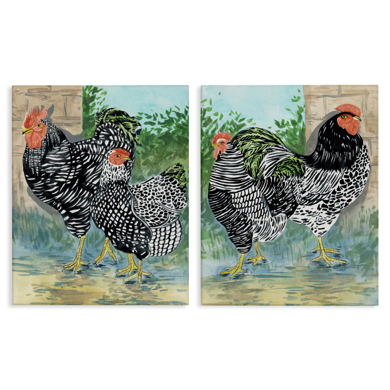 «Rooster and Hen Forager», ensemble de 2 toiles murales par Melissa Wang, H 20 po x l 16 po