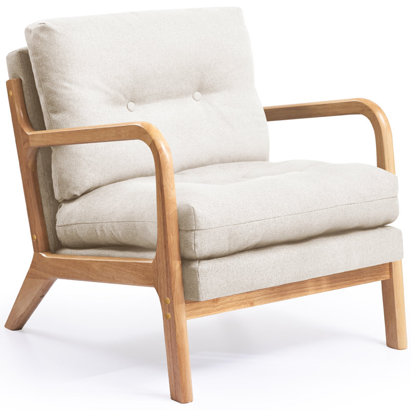 Fauteuil d'appoint avec coussin confortable comme un nuage et accoudoirs en bois, 100 % lin ivoire