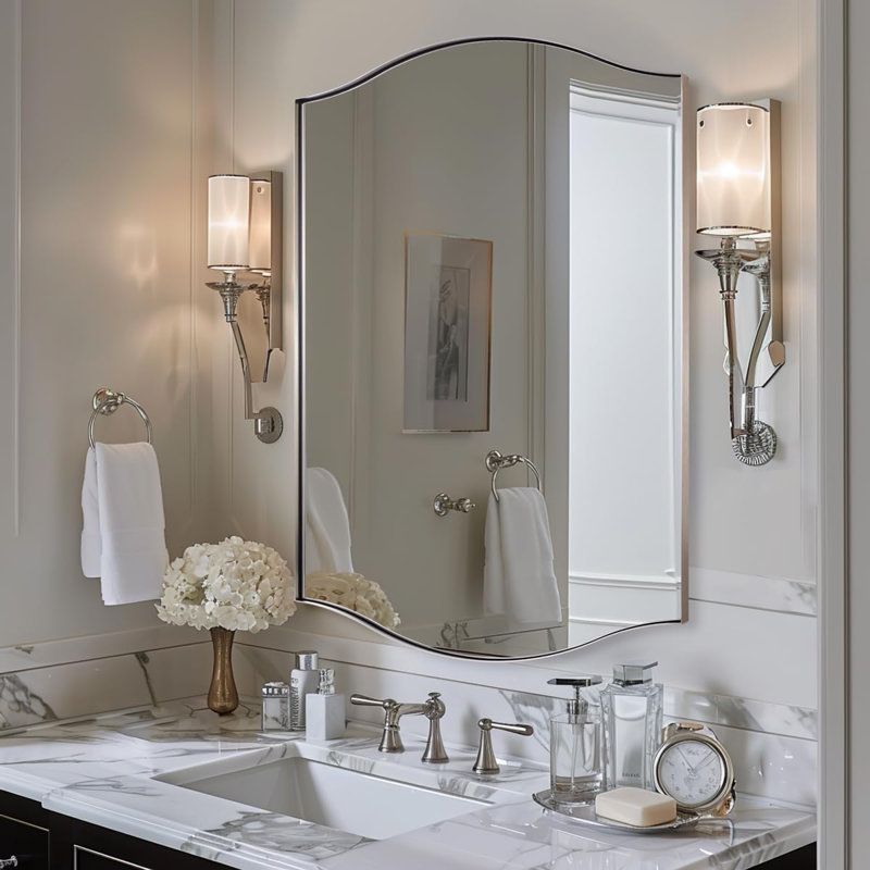 Dual Arch Scalloped Rectangular Bathroom Wall Mirror | Stainless Steel Frame, 40" x 30", Brushed Nickel