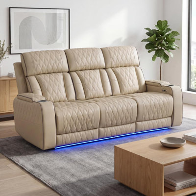 Power Reclining Leather Sectional Sofa for Home Theater, Electric Recliner Couch with Wireless Power, LED Ambient Lighting, Cup Holders & Storage, Air