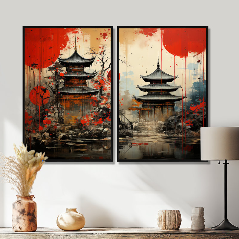Asian Art Urban Fusion - décoration murale rouge, Black, 36" H x 48" W, Impression encadrée flottante