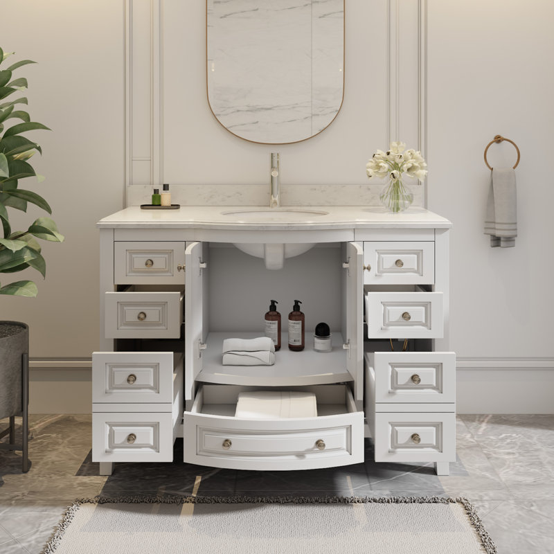 Mandilyn 48" Fully Assembled Single Sink Bathroom Vanity with Engineered Stone Top, Ceramic Sink, Hand Paint, White