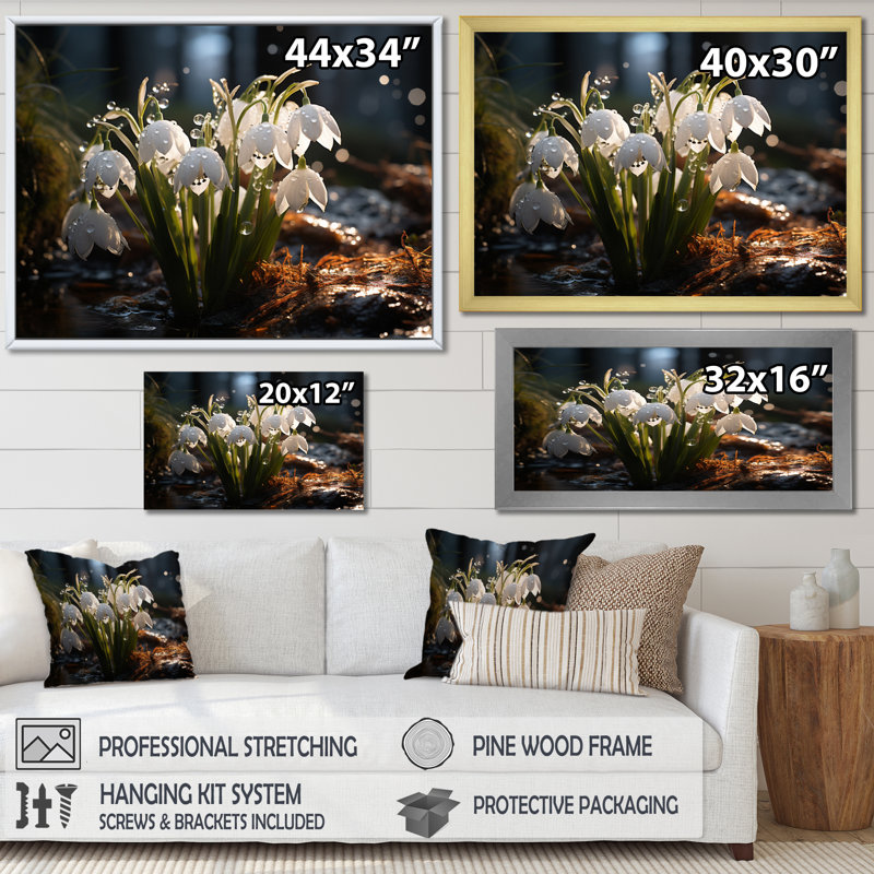 White Snowdrops Field II - Floral Wall Art Living Room, H 34 po x l 44 po x P 1,5 po, Cadre photo noir