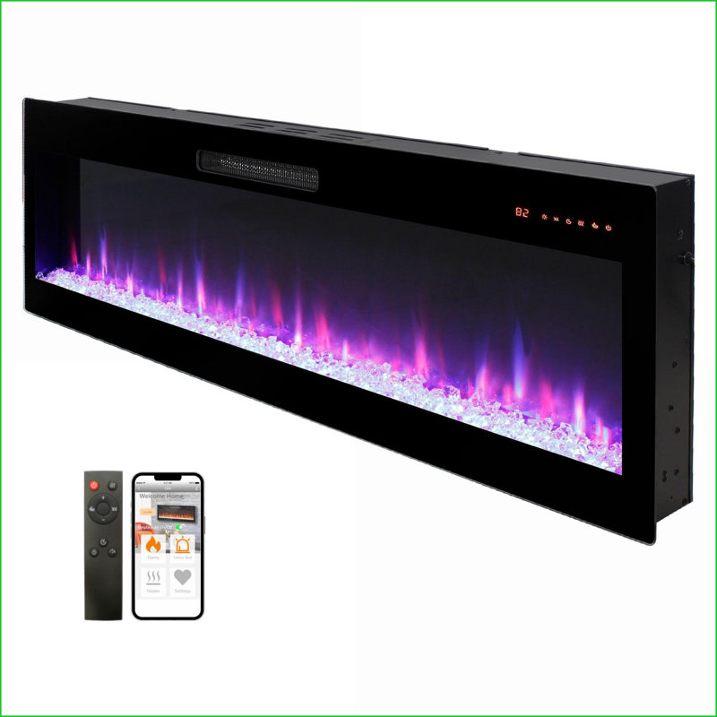 Foyer électrique d'intérieur de 60 po connecté au WiFi avec flamme 3D | Fixation murale / encastrée | Verre trempé + tôle | Sans évent