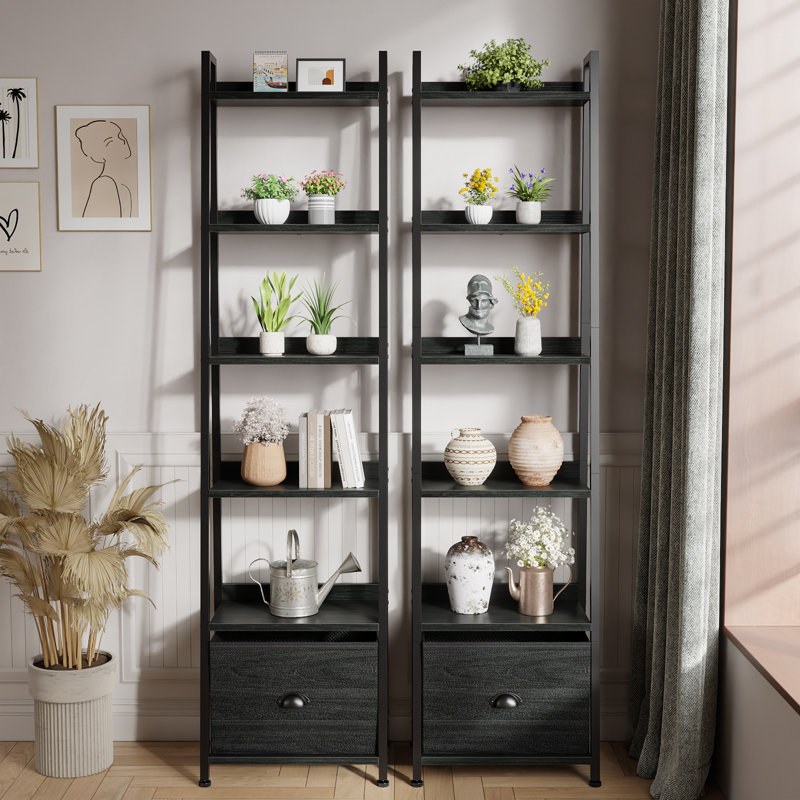 68.1"H X 16.4"W Industrial-style modern wooden metal ladder bookshelf with fabric drawers, Black Oak