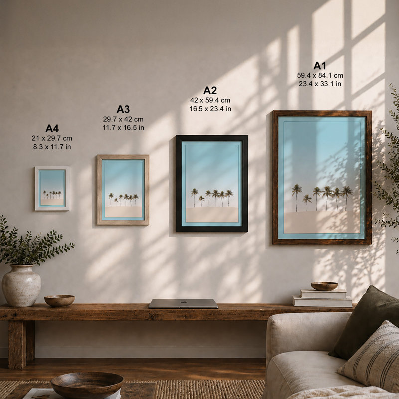 Palm Trees at Daylight Minimalist - Framed Print, A4 - 29.7 x 21.0 cm, Walnut