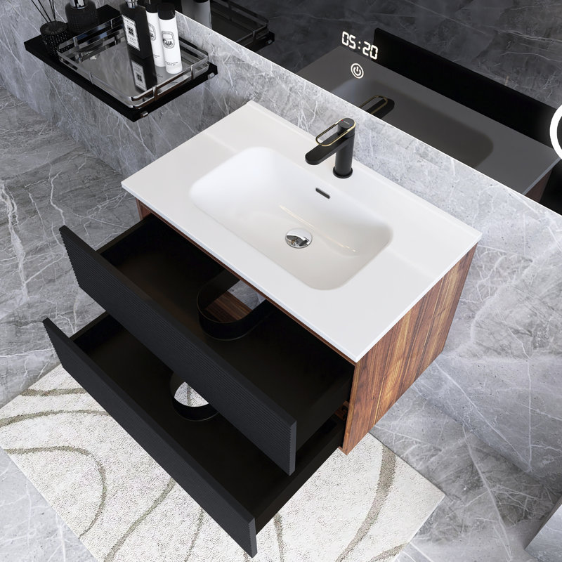 Grand meuble-lavabo de rangement mural moderne noir et noyer pré-assemblé avec lavabo en céramique intégré