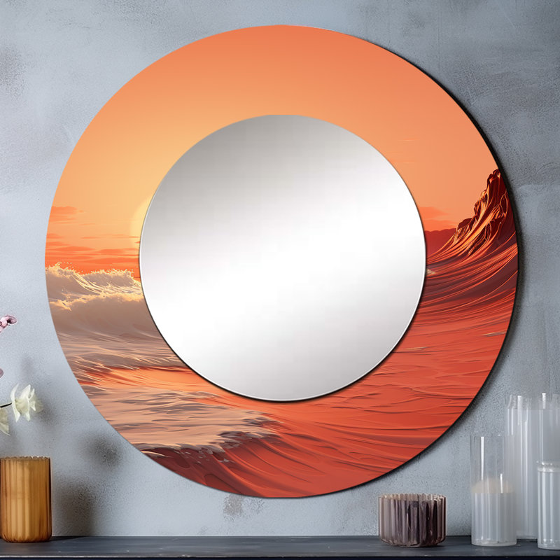 Vague colorée, merveille grise et jaune I - miroir mural unique Coastal, miroir rond corail, impression sur métal