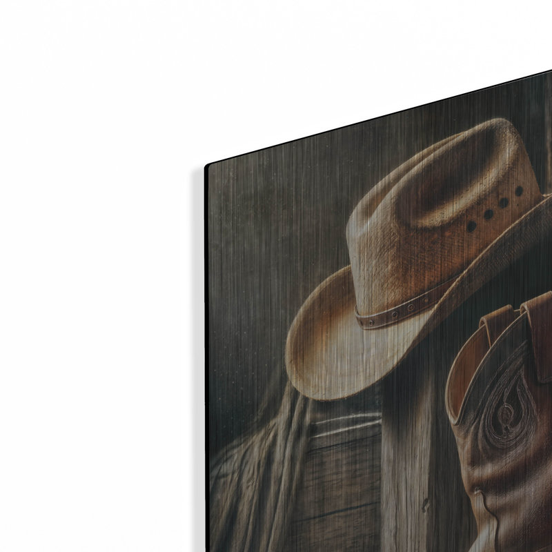  «Wester Style Decor Cowboy bottes and Hat» par Rey Klimt, art mural en métal, H 24 po x l 24 po