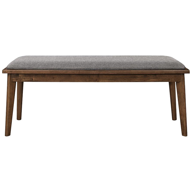Banc de salle à manger en noyer naturel avec tissu d'ameublement gris d'inspiration Mid-Century
