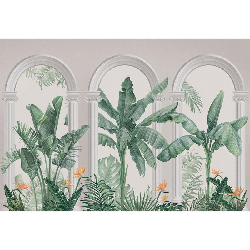 Botanique architecturale élégante avec plantes tropicales et éléments classiques, L 66 po x l 96 po