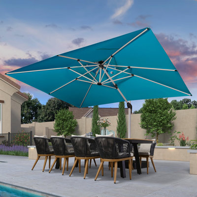 Outdoor Double Top 10' X13' Rectangular Deluxe Lighted Cantilever Umbrella With Base,Turquoise Blue