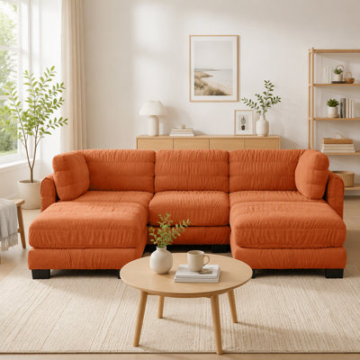 Canapé d'angle modulaire 4 places en chenille marron à détails froncés | Coussins de dossier épais en mousse haute densité | 2 poufs amovibles | Montage facile | Parfait pour le salon et la chambre