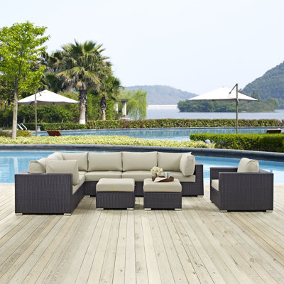 Modway Convene Wicker Rattan 9pc Outdoor Patio Sectional Sofa Furniture Set