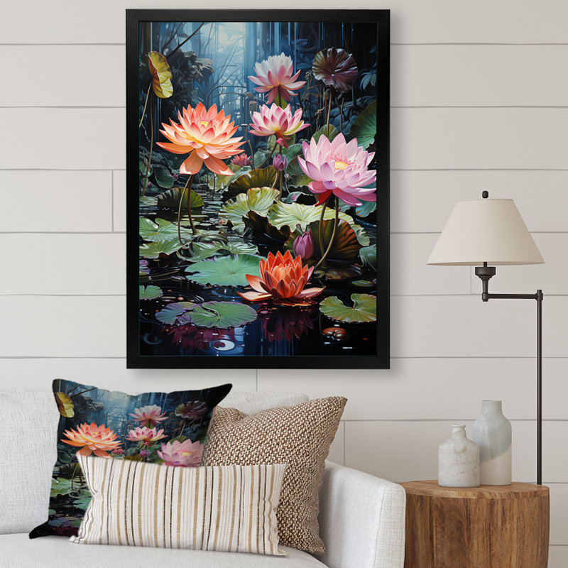 Japon Art Lotus Pond - impressions sur toile florales, Cadre photo noir, H 20 po x l 12 po x P 1 po