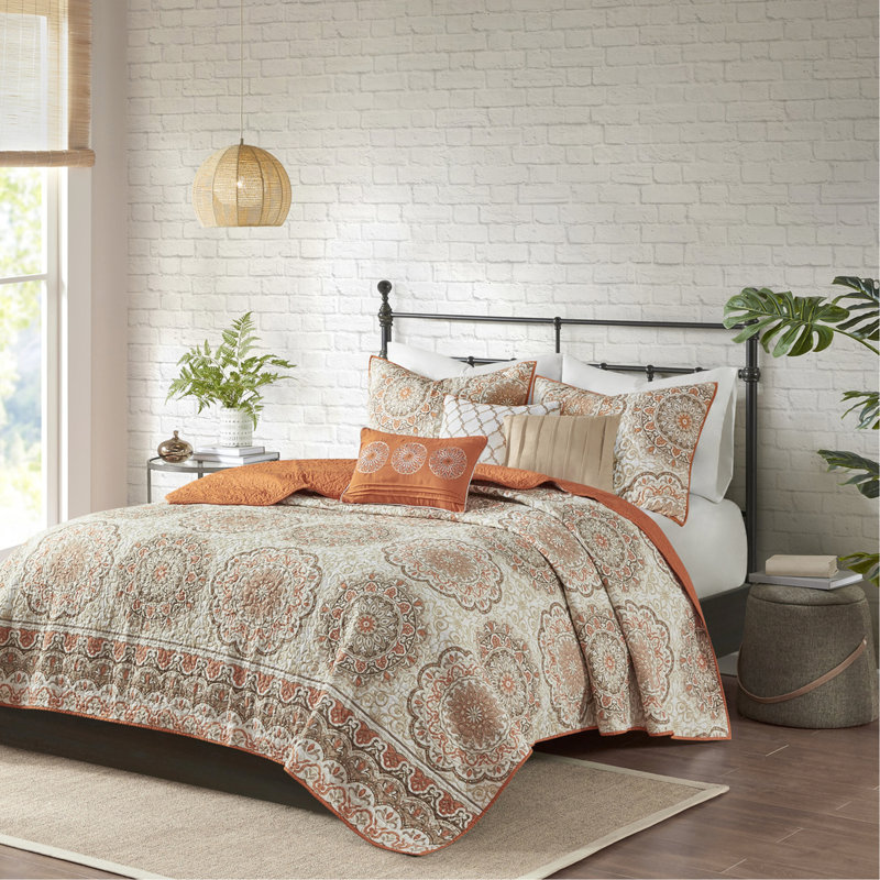 Courtepointe double / grand en orange, motif floral taupe, coussins brodés, microfibre douce, 2 taies décoratives 6 pièces réversibles avec jet orange, détails, lavable à la machine