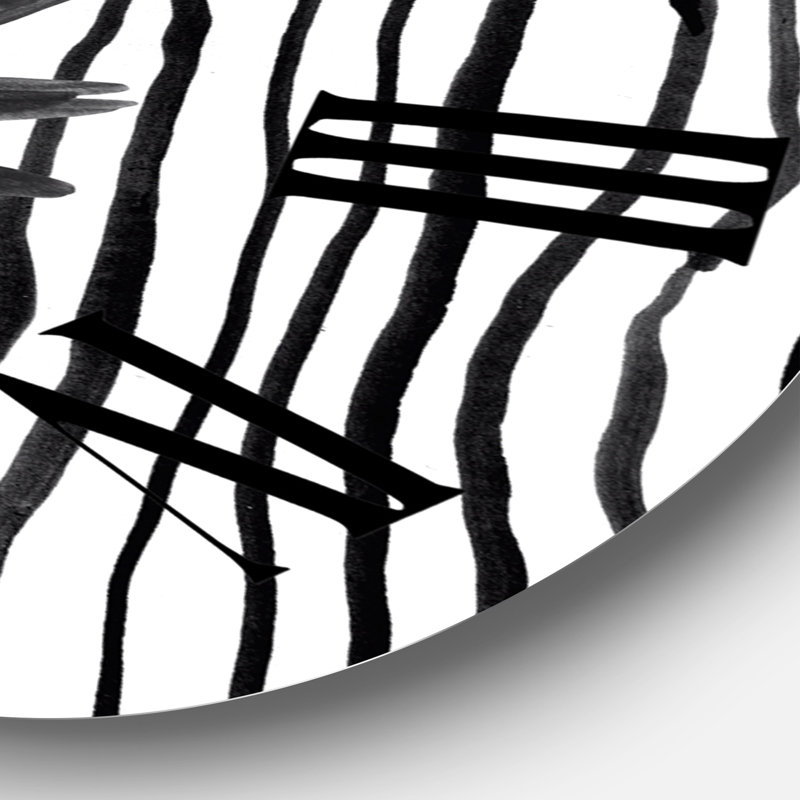 Horloge murale moderne noir et blanc à feuilles tropicales sur rayures III, Surdimensionné