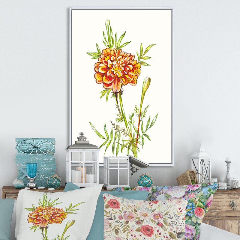 Fleur de souci orange en fleur - œuvre d'art traditionnelle sur toile, H 20 po x l 12 po x P 1 po, Cadre flottant blanc