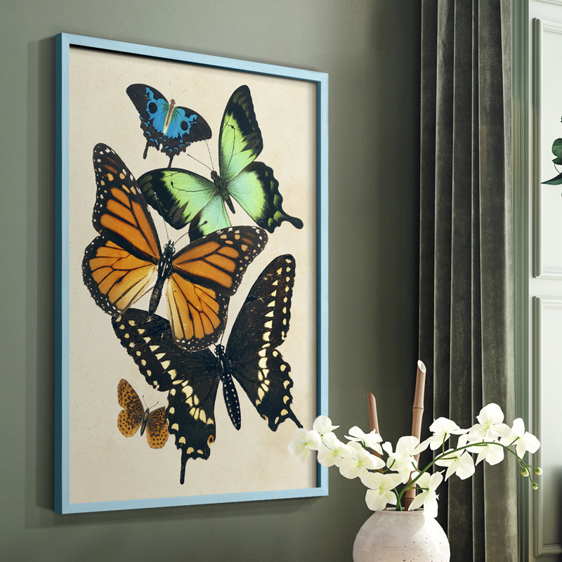 «Collage Butterflies I», reproduction encadrée - bois massif, Bleu, H 10 po x l 8 po