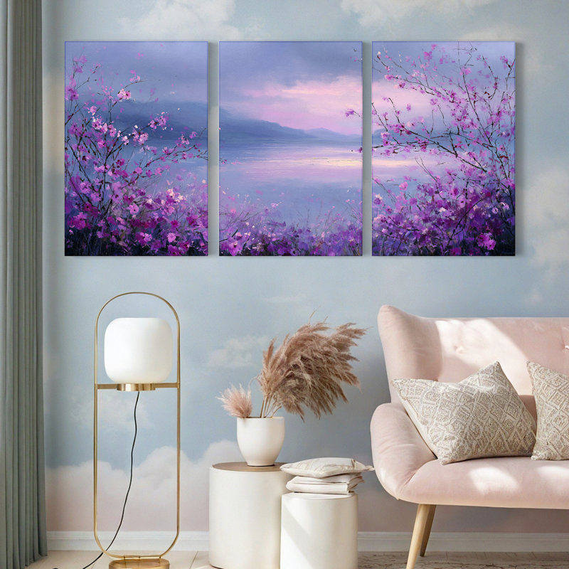 Tableau sur toile tendue à motif floral violet (paquet de 3), H 30 po x l 60 po