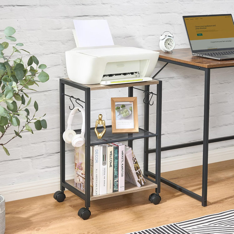 Printer Stand, 3-Tier Mobile Printer Cart Under Desk With Storage Rack, Ventilated, Industrial Rolling Printer Table With Wheels, Sturdy Little Table For Home, Office