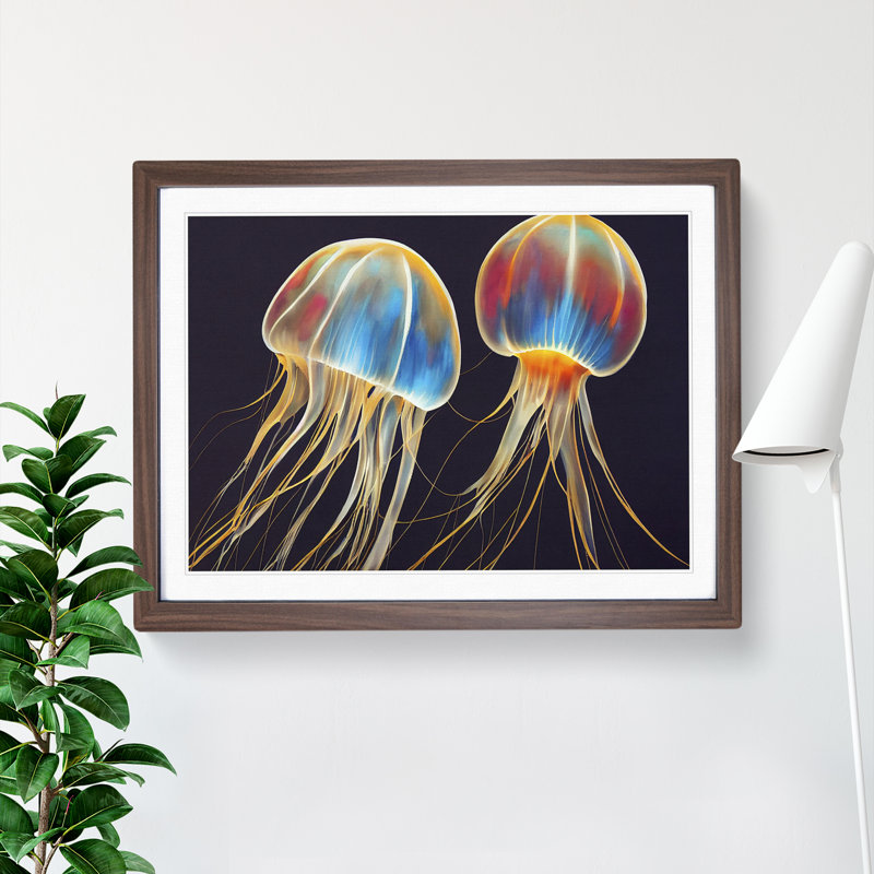 Jellyfish Painted - Single Picture Frame Print, 46cm H x 64cm W x 2cm D, Walnut Framed