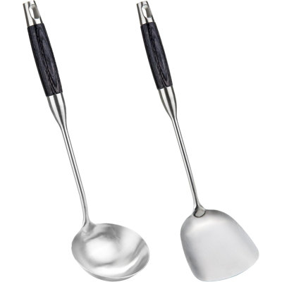 Stainless Steel Wok Spatula And Ladle Set With Wooden Handle - Heat-Resistant Cooking Utensils For Easy Stir-Frying And Serving