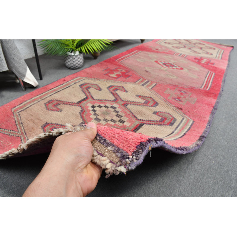 Tapis de couloir rétro en laine fait à la main avec motif géométrique beige / rose