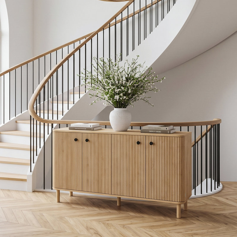 Buffet Seyla 55 po avec pieds en bois massif, 4 tablettes réglables et 4 portes cintrées et cannelées, beige, Chêne