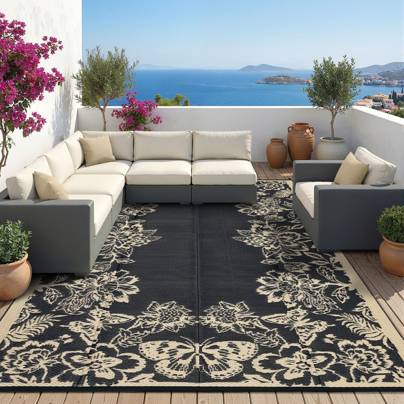Tapis d'extérieur imperméable avec bordure en plastique - Tapis de pont réversible, résistant aux rayons UV, aux taches et facile à nettoyer pour la cour
