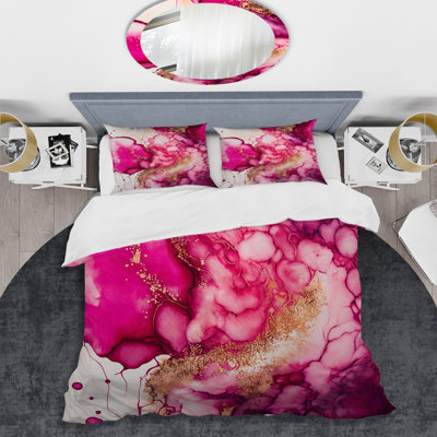 Serenity In Raspberry Blush V - Abstract Liquid Ink Duvet Cover Set - Microfiber Polyester