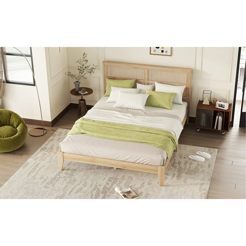 Queen Size Rubber Wooden, Solid Wooden Bed With Rattan Headboard, Enhanced By Support Feet,Oak White