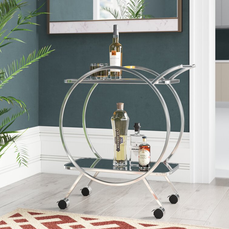 2 Tier Tea Wine Serving Cart for Kitchen, 81.5cm Drinks Metal and Tempered Glass Bar Trolley