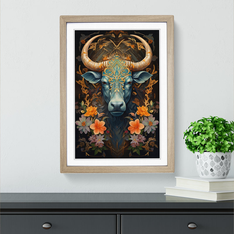 Taurus Zodiac Art Deco - Single Picture Frame Print on Wood, Oak, 64cm H x 46cm W x 2cm D
