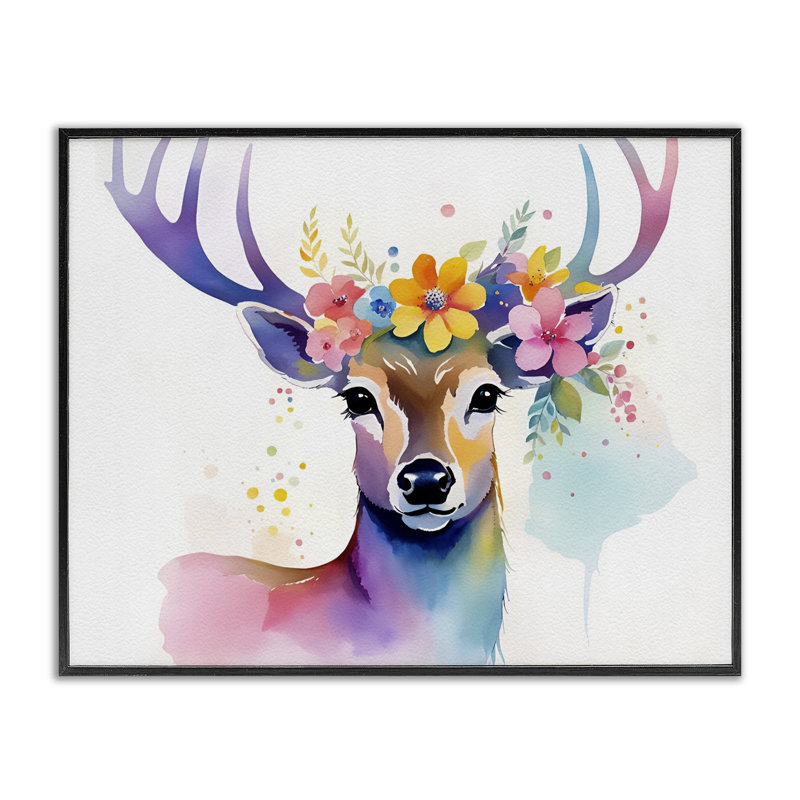 Guirlande de cerf floral, art giclée par Amber Clarkson, H 11 po x l 14 po, Giclée encadrée noir minuit