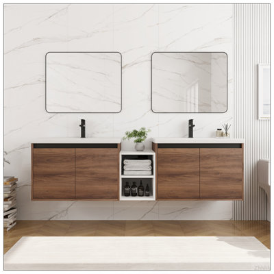 Meuble-lavabo mural 72 po avec lavabo de comptoir en résine et 1 tablette de rangement, 4 portes à fermeture douce (KD-Packing)