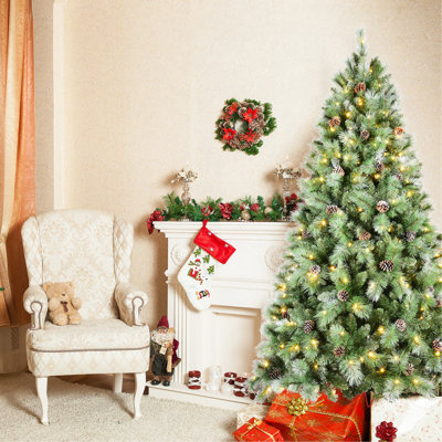 Arbre de Noël 8 pi avec 102 pommes de pin - 1858 pointes, branches mixtes en PVC et à aiguilles dures, structure à charnières pour une installation facile, support en métal robuste - arbre de Noël réaliste