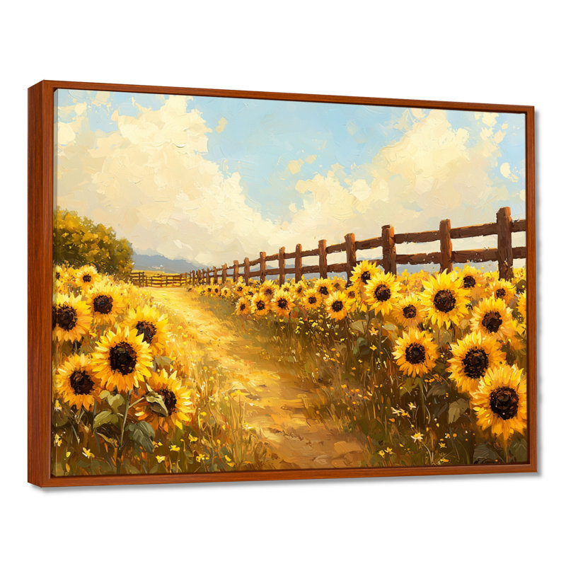 Donyai tournesols par le cheval Corral II - tournesols, art mural, H 30 po x l 40 po, Brun, Impression encadrée flottante