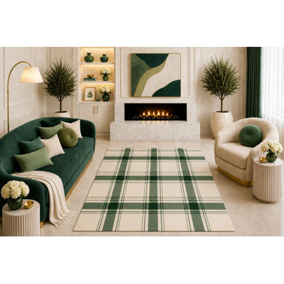 Tapis à motif écossais vert forêt 5 pi x 7 pi «Ultra Light Poids» à carreaux vert tartan moderne