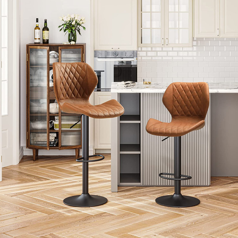 Ensemble de 4 tabourets de bar réglables, tabourets de bar en cuir brun, tabourets de bar à hauteur de comptoir pour îlot de cuisine, chaises de bar pivotantes pour le petit-déjeuner, capacité de 400 lb