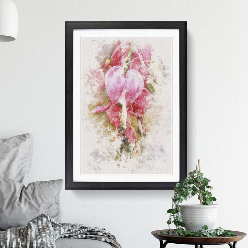Pink Bleeding Heart Flowers - Picture Frame Painting Print, 45cm H x 33cm W x 2cm D, Black Framed
