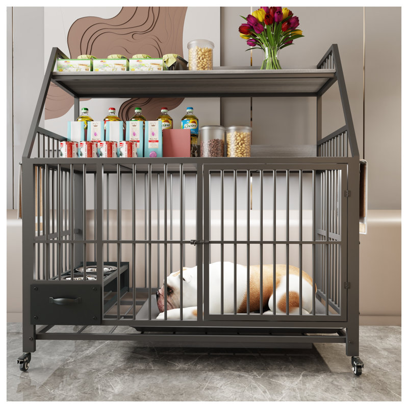 Grand meuble pour cage de chien avec tablettes de rangement et station d'alimentation coulissante, chenil d'intérieur pour animaux robuste avec roues