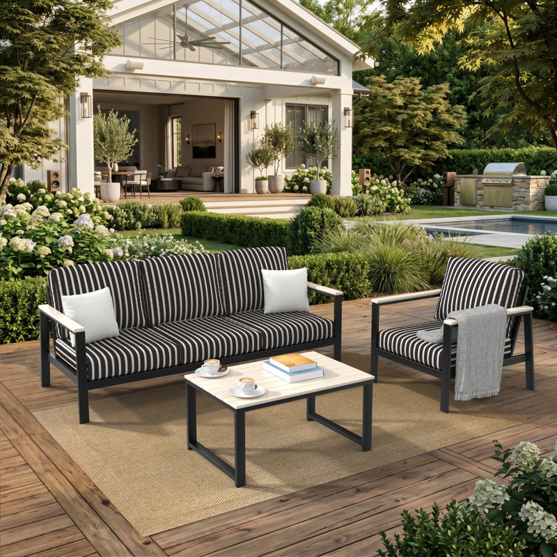 Ensemble de conversation 3 pièces avec coussins Sunbrella® Ulrica, Black/White Striped, 3 Pcs: Table, Sofa, Chair