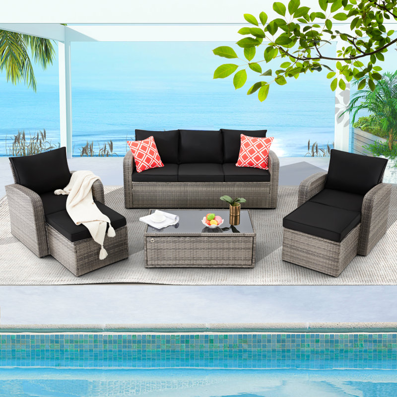 6 Piece Sofa Seating Group With Cushions, Black Cushion/Gray Frame