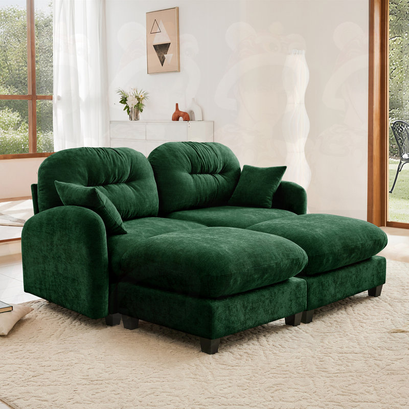 Tissu en chenille avec 2 repose-pieds et causeuse Cloud, Vert